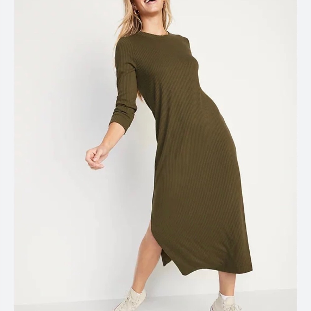 Old Navy Rib-Knit Maxi Shift Dress Long Sleeve mock turtleneck Olive Dress